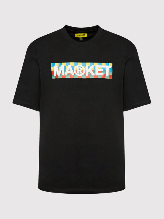 Market Market Marškinėliai Unisex Checkered Bar Logo 399001063 Juoda Relaxed Fit