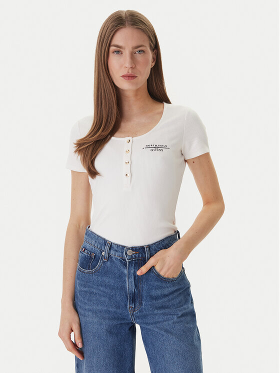 Guess Tricou GUESS x NORTH SAILS W6GP01 K2658 Écru Regular Fit