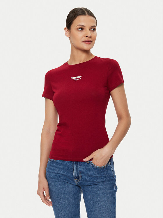 Női Póló Tommy Jeans, Méret: XXS, Bordó, Essential DW0DW18397