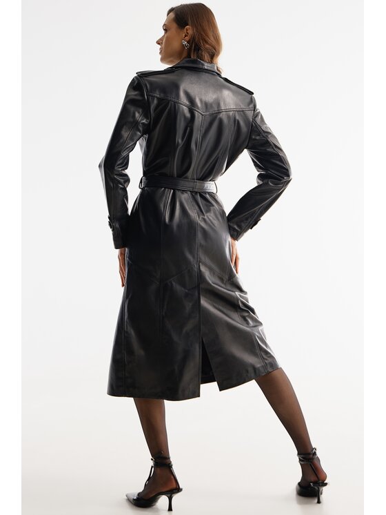 Mimika Mimika Płaszcz skórzany VARSOVIA KLASYCZNY TRENCH ABSOLUTE BLACK Czarny Regular Fit