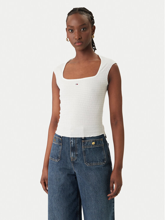 Tommy Jeans Top Smock Seersucker DW0DW22220 Alb Slim Fit