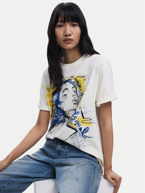 Desigual Desigual T-krekls Portrait 25WWTK05 Balts Loose Fit
