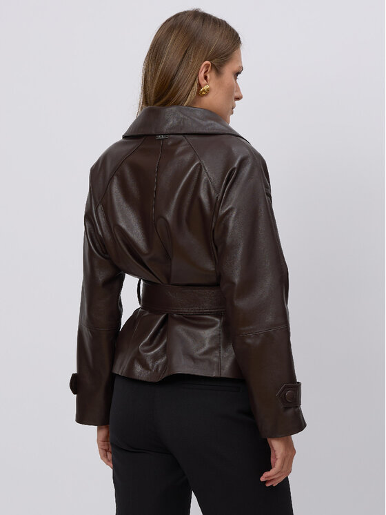 FAN LEATHER Fan Leather Kurtka skórzana Brązowa z Oddzielnym Paskiem Brązowy Oversize