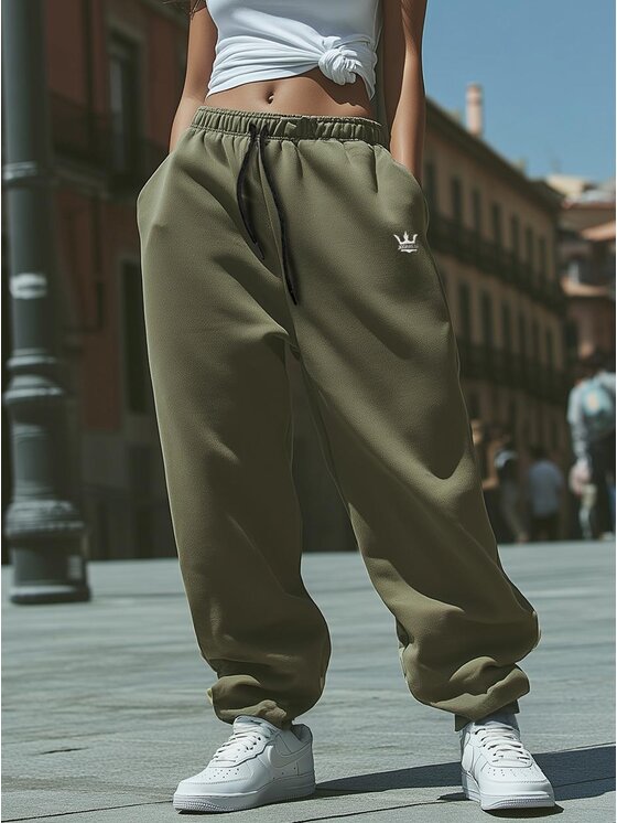 Jigga Wear Jigga Wear Spodnie dresowe Szerokie Luźne Baggy Damskie Khaki Jigga Haftowane Logo Drawcord XL Zielony Regular Fit