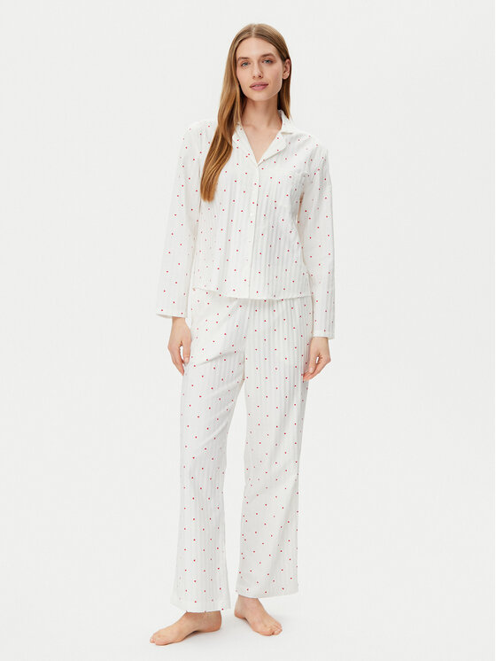 Hunkemöller Hunkemöller Pantaloni pijama Jacquard Hearts 301504 Alb Relaxed Fit