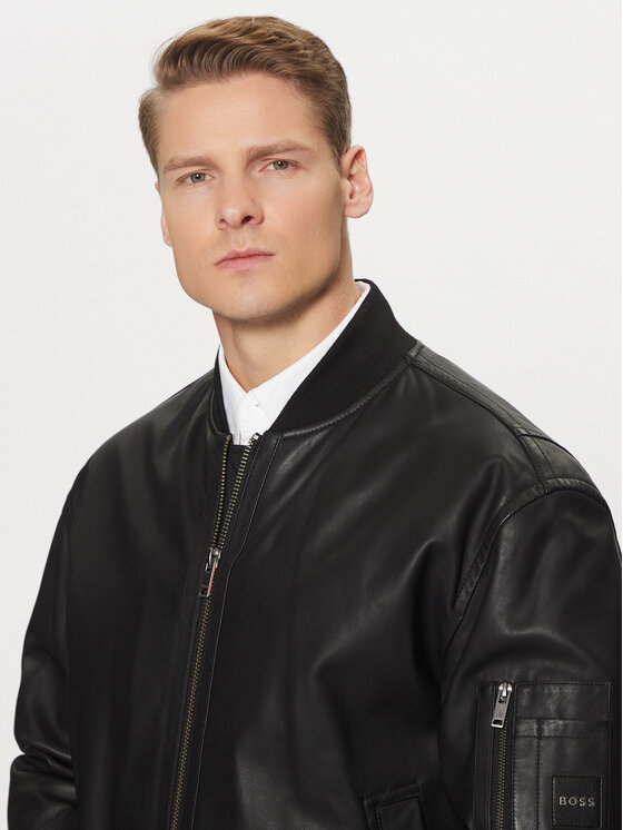 BOSS Kožená bunda Juge 50522223 Čierna Relaxed Fit
