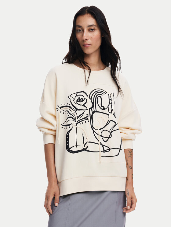 Desigual Mikina Patch 24WWSK06 Écru Oversize