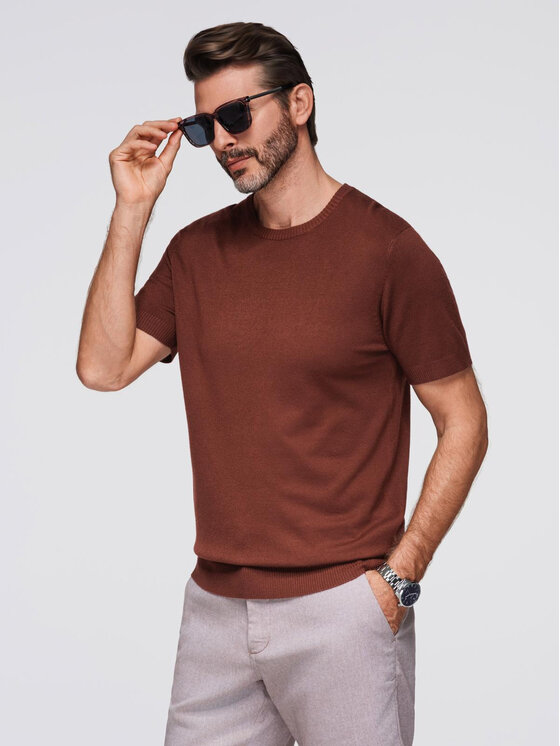 Ombre Ombre T-Shirt OM-TSCT-0252 Brązowy Regular Fit