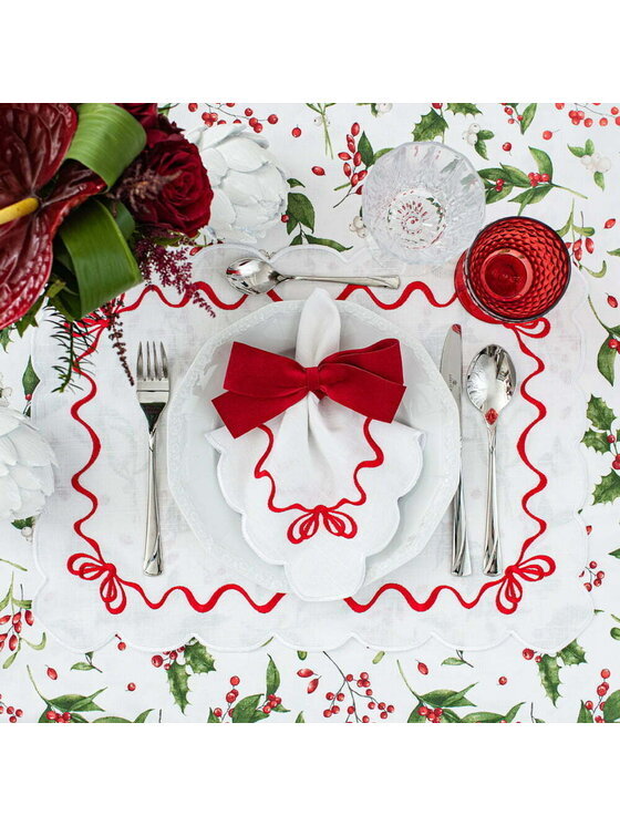 Roseberry Home Roseberry Home Podkładka na stół haftowana Red Christmas Bows Biały