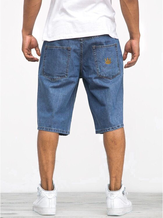 Szorty jeansowe, rozmiar M, Niebieskie, Krótkie Spodenki Jeansowe Ze Ściągaczem Męskie Ciemne Niebieskiee / Złote Jigga Wear Crown Pocket L