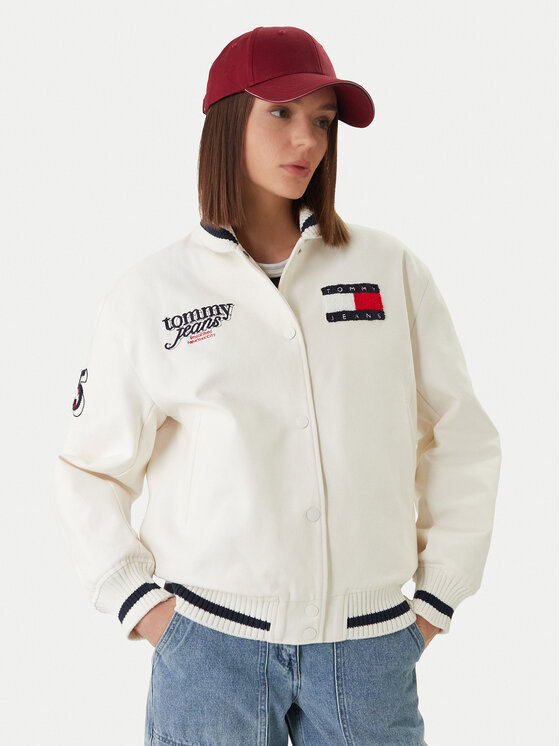 Tommy Jeans Geacă bomber DW0DW22585 Alb Relaxed Fit