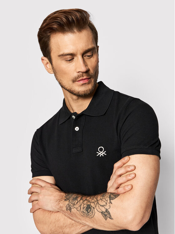 United Colors Of Benetton United Colors Of Benetton Тениска с яка и копчета 3089J3178 Черен Slim Fit