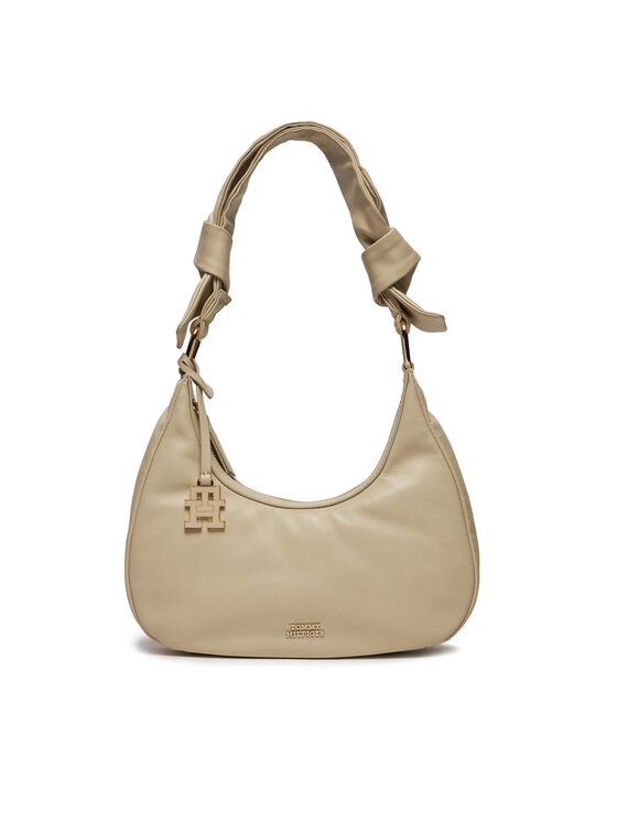 Geantă Tommy Hilfiger Pushlock Leather Hobo AW0AW16073 Écru