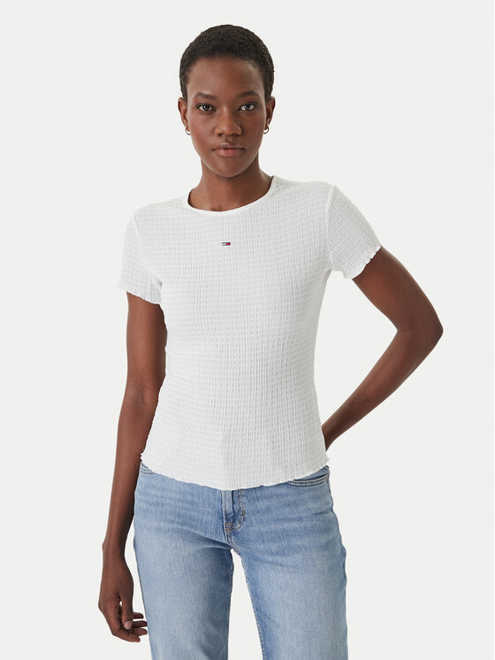 Tommy Jeans Tommy Jeans Majica Smock Seersucker DW0DW22219 Bela Slim Fit