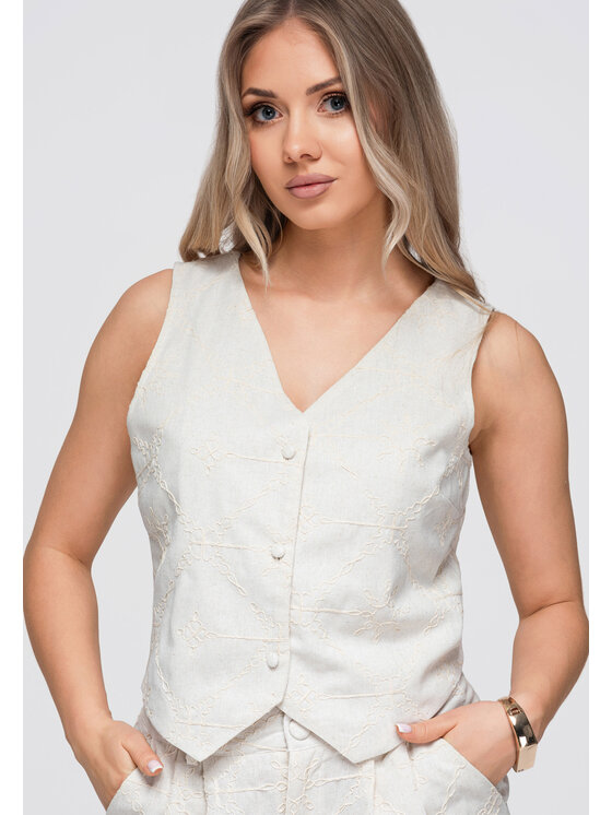 Ombre Ombre Kamizelka OW-VE-E0009 Kremowy Slim Fit