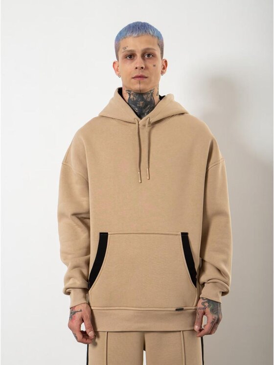 Bluza, rozmiar M, Beżowy, Bluza Z Kapturem Oversize Męska Beżowa / Czarna Machinist Strip L