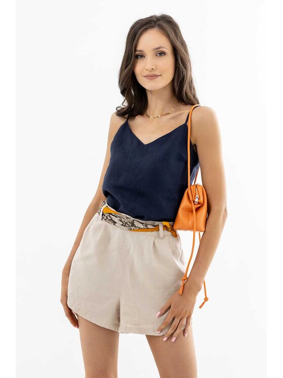 Lunedi Lunedi Top lniany z dekoltem V Granatowy Regular Fit