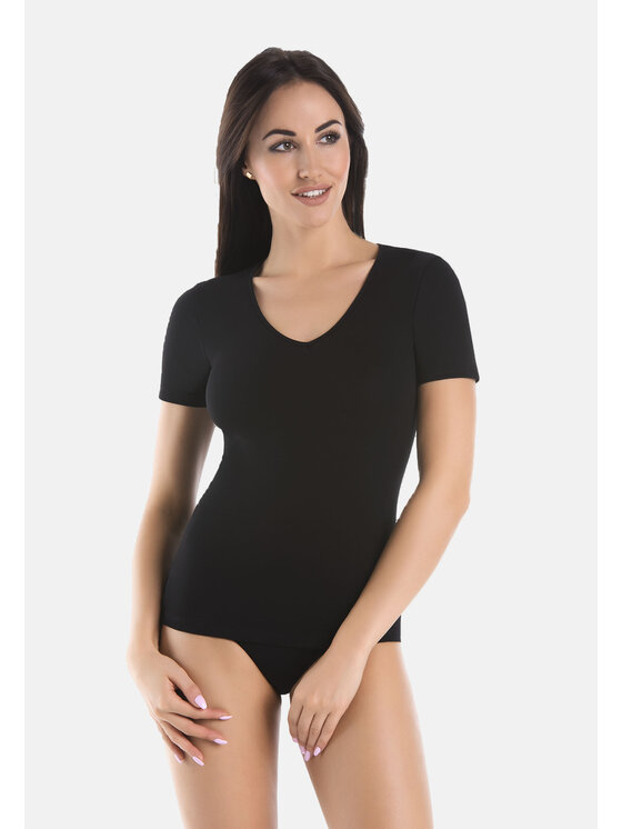 Teyli Teyli T-Shirt Koszulka bawełniana dekolt V Czarny Standard Fit