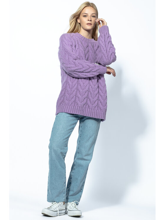 Fobya Fobya Sweter Ciepły sweter z dekoltem splot warkocze F1747 Fioletowy Classic Fit