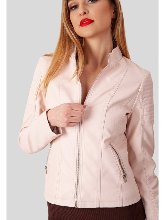 Perso Perso Kurtka z imitacji skóry ze stójką Różowy Slim Fit
