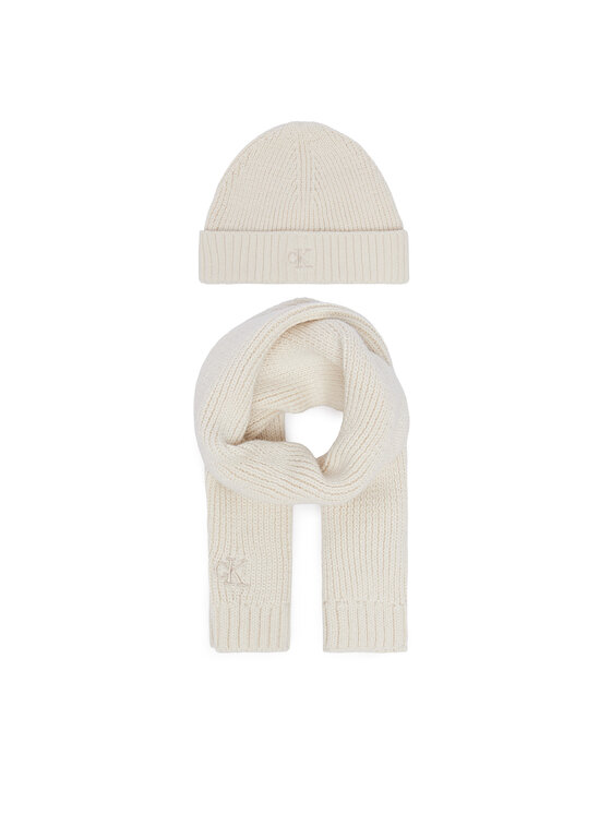 Calvin Klein Jeans Calvin Klein Jeans Sada čepice a šál Knitted Scarf Beanie Giftbox LVCKFJP00N Krémová