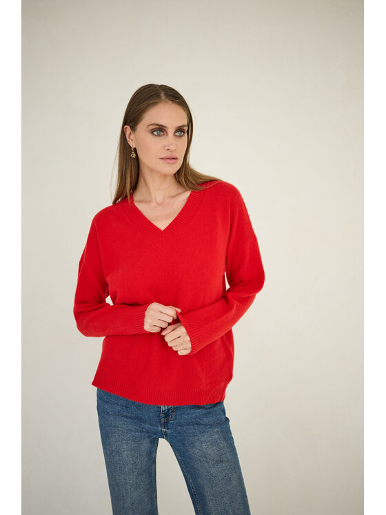 Entelier Entelier Sweter kaszmir dekolt w serek Czerwony Relaxed Fit