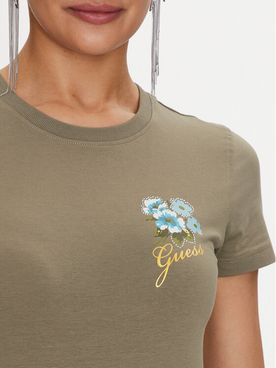 Guess Guess Marškinėliai Flowers W4YI30 J1314 Žalia Slim Fit