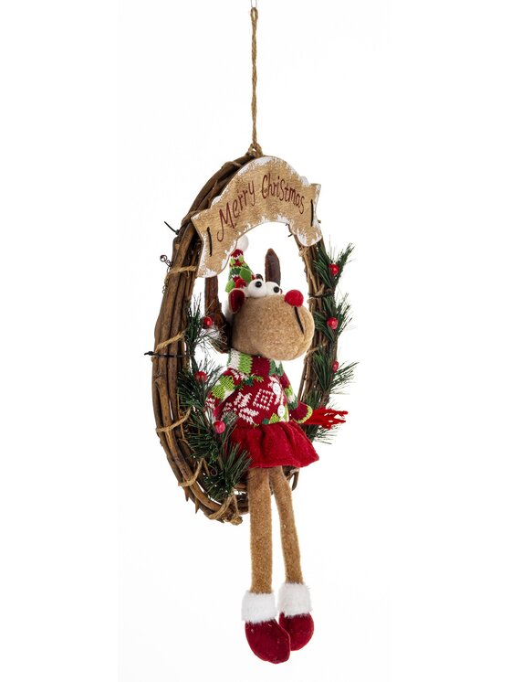 MIAhome MIAhome Figurka dekoracja renifer w kole w czerwonym ubranku 47x33x10 cm Kolorowy