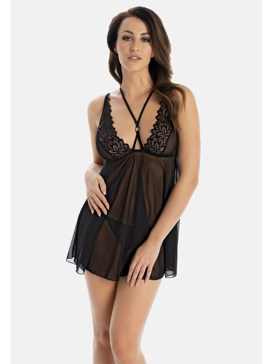 Teyli Teyli Koszula nocna erotyczna z koronką Strapy Czarny Wide Fit