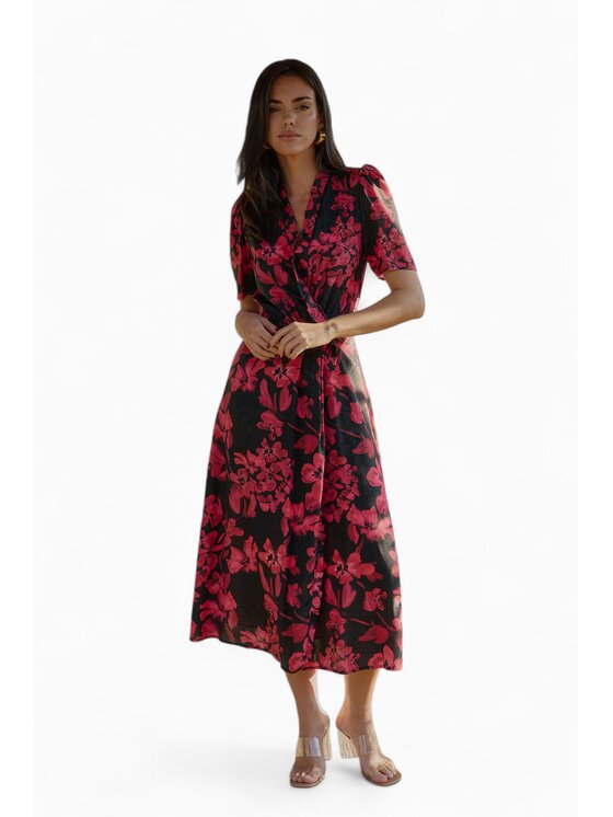 RÊVER DE MOI RÊVER DE MOI Sukienka codzienna ELENA RED FLOWER MIDI DRESS Czerwony Slim Fit