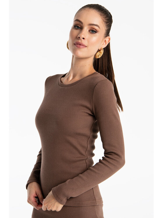 Nudyess Nudyess Bluzka bawełniana Eos z prążka Brązowy Regular Fit