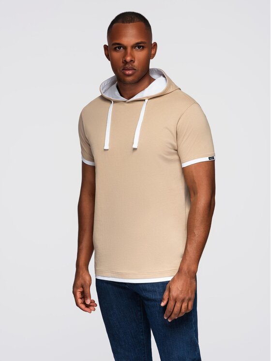 Ombre Ombre T-Shirt OM-TSCT-0256 Beżowy Regular Fit