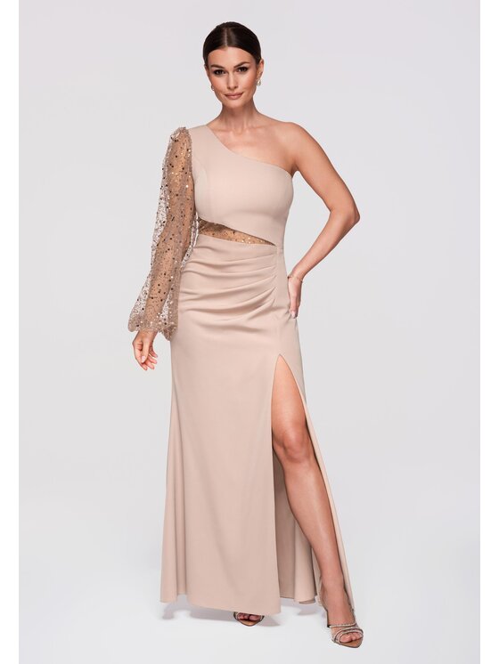 Ombre Ombre Sukienka wieczorowa LA-OM-DLR261 Beżowy Slim Fit