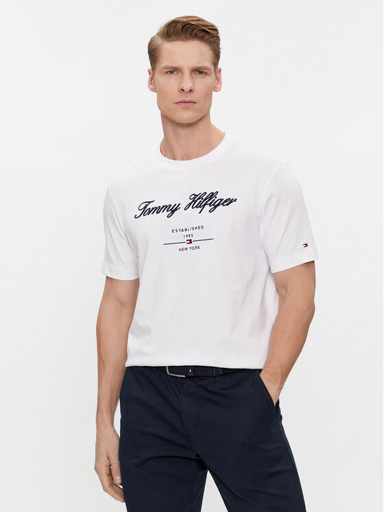 Tommy Hilfiger Tommy Hilfiger T-Shirt Script Logo Tee MW0MW33691 Bílá Regular Fit
