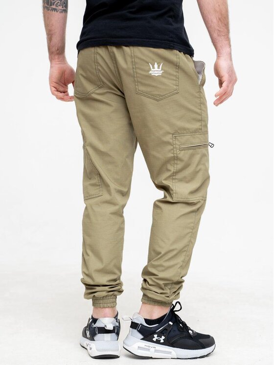 Jigga Wear Jigga Wear Spodnie cargo Spodnie Materiałowe Jogger Bojówki Ze Ściągaczem Jasne Beżowe Jigga Wear Crown Ripstop Cargo 6XL Beżowy Regular Fit