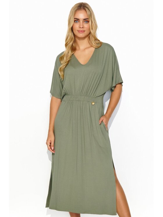 Makadamia Makadamia Sukienka codzienna M822 Khaki Comfortable Fit