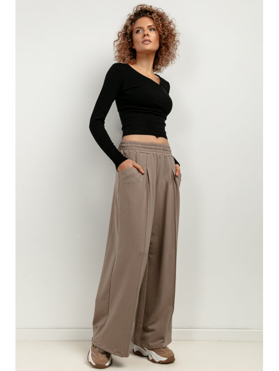Tessita Tessita Spodnie dzianinowe T413/6/XL Brązowy Wide Leg