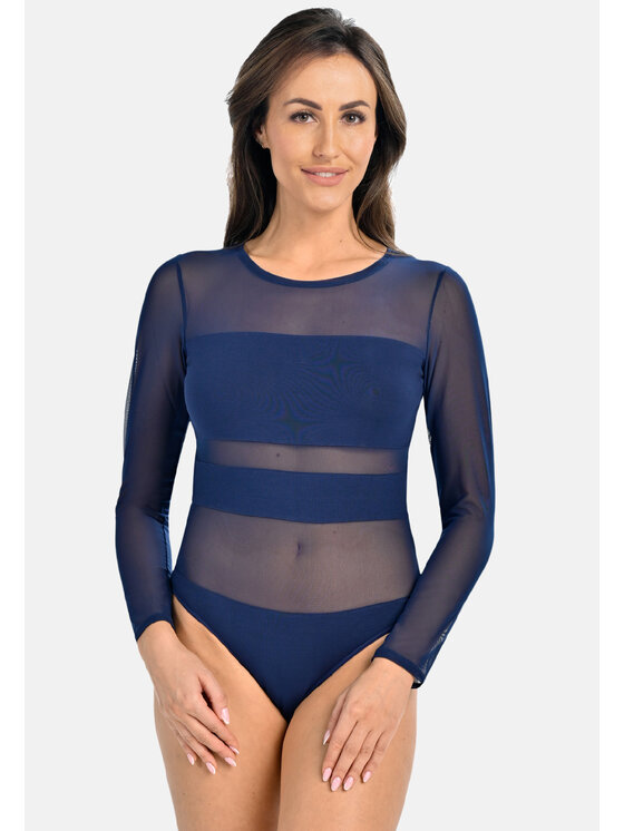 Teyli Teyli Body z wiskozy z siateczką Stripy Niebieski Regular Fit