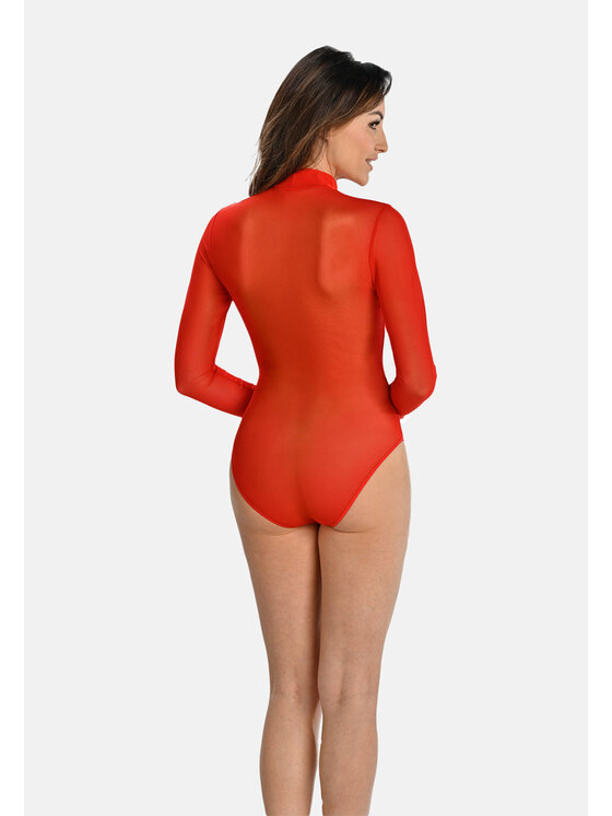 Teyli Teyli Body z transparentnej siateczki z półgolfem Amy Czerwony Regular Fit