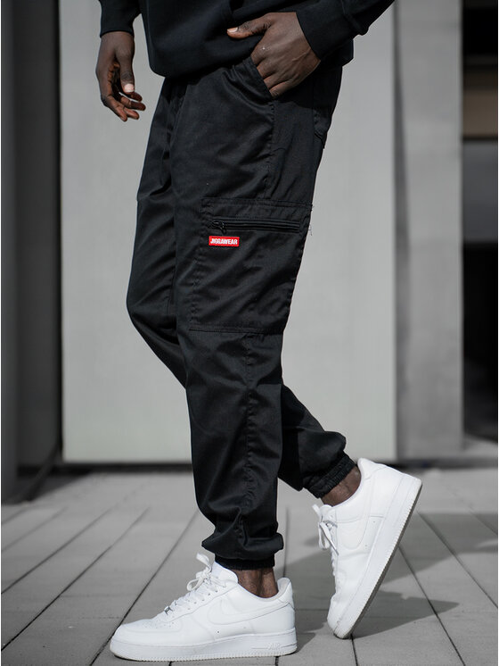 Jigga Wear Jigga Wear Spodnie materiałowe Spodnie Materiałowe Jogger Bojówki Męskie Czarne / Czerwone Jigga Wear Stripe Zip Cargo XL/2XL LONG Czarny Regular Fit