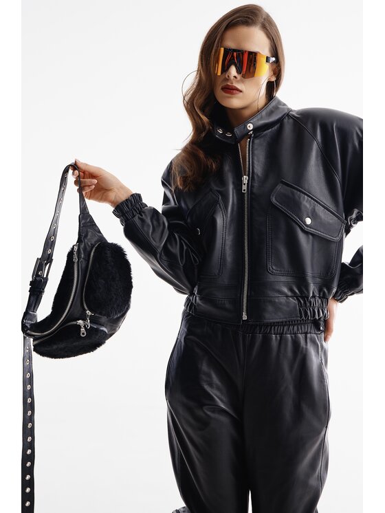 Mimika Mimika Kurtka skórzana bomber n^6 absolute black Czarny Relaxed Fit