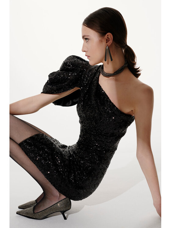 EPUZER EPUZER Abito da sera One shoulder sequin Nero Standard Fit
