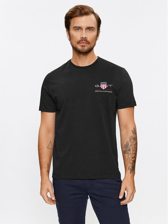 Gant Gant Marškinėliai Reg Archive Shield Emb Ss 2067004 Juoda Regular Fit
