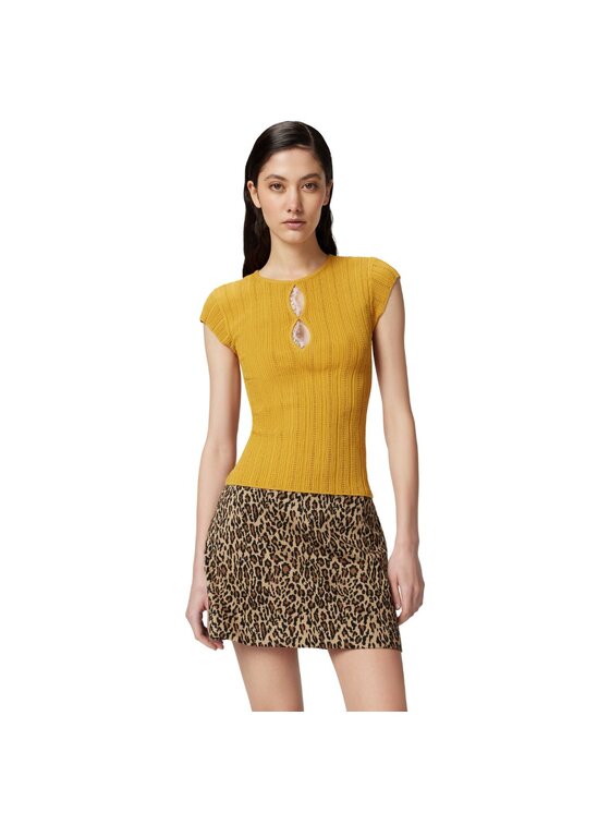 PINKO PINKO T-Shirt Tofane maglia ribs trafori + pizzo Żółty Slim Fit