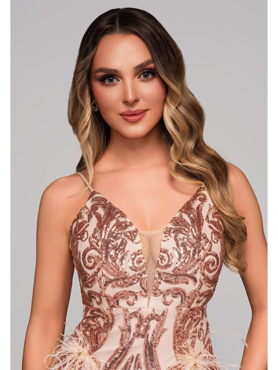 Ombre Ombre Sukienka wieczorowa LA-OM-DLR106 Beżowy Regular Fit