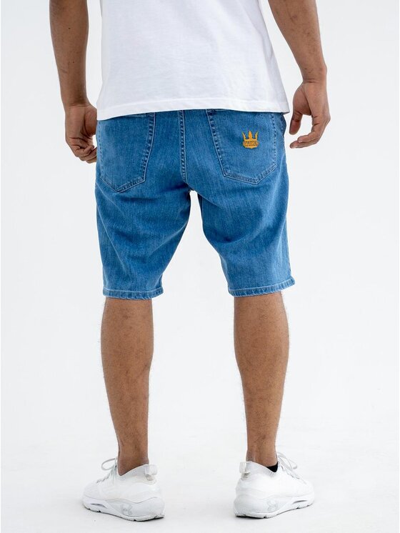 Jigga Wear Jigga Wear Szorty jeansowe Krótkie Spodenki Jeansowe Ze Ściągaczem Męskie Sprane Niebieskie / Złote Jigga Wear Crown Pocket 2XL Niebieski Regular Fit