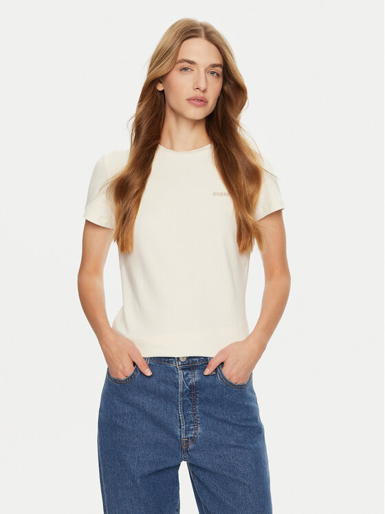 Guess Guess Tričko V4BI04 KCBF1 Écru Slim Fit