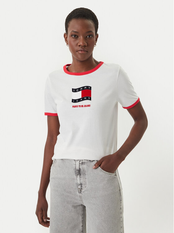 Tommy Jeans Tommy Jeans T-Shirt Wavy Flag Contrast Ringer DW0DW22306 Bílá Regular Fit