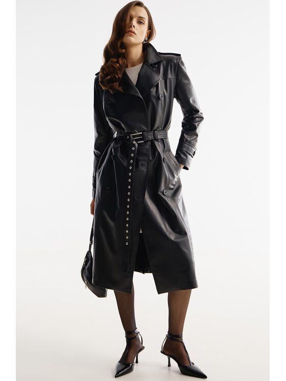 Mimika Mimika Płaszcz skórzany VARSOVIA KLASYCZNY TRENCH ABSOLUTE BLACK Czarny Regular Fit