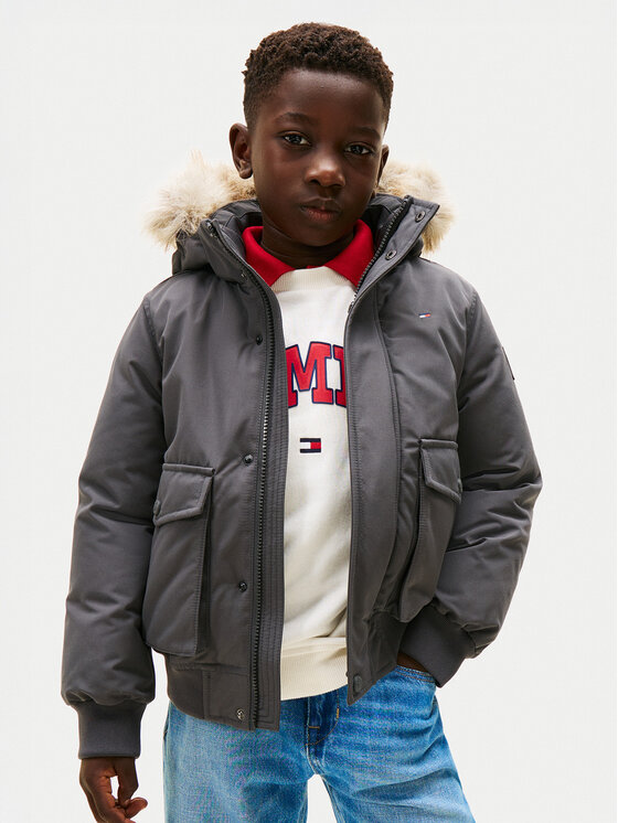 Tommy Hilfiger Tommy Hilfiger Geacă de iarnă Hooded Fake Fur Bomber KB0KB09887 Gri Regular Fit